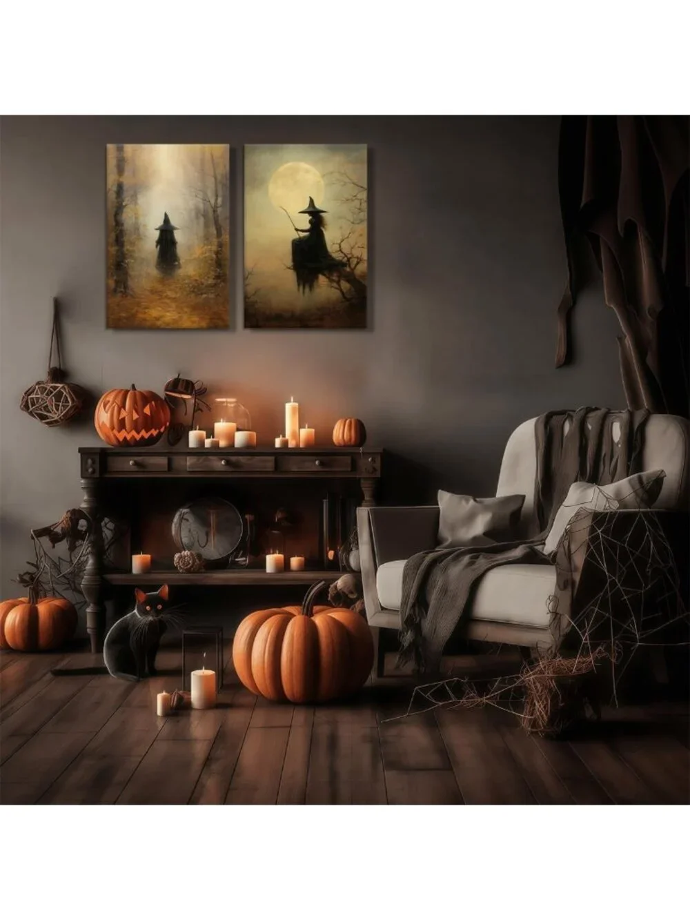 Vintage Witch Canvas Wall Art Set - Gothic Halloween Decor, Creepy Rustic Prints